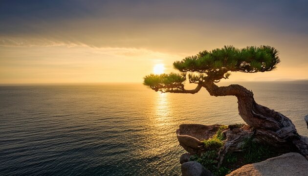 Ancient Bonsai Pine Tree On A Cliff Overlooking Ocean Waves With A Minimalist Sun In Oriental Style