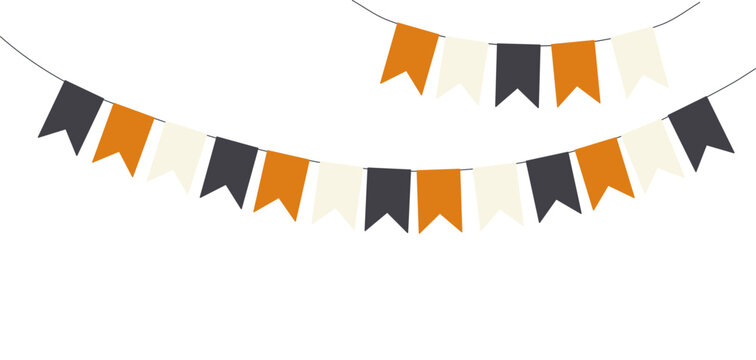 Halloween festive orange, black, white bunting, flags illustration. Decorative border, bunting, garland, festive banner. Autumn holiday design element. Vector clip art on transparent background