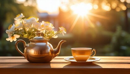 Fototapeta premium Warm Morning Sunlight Illuminates A Tranquil Scene Featuring A Teapot Cup And Delicate Flowers In A Metallic Vase On A Wooden Surface