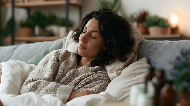 A woman rests peacefully on a couch wrapped in soft blankets and cozy knitwear surrounded by indoor plants