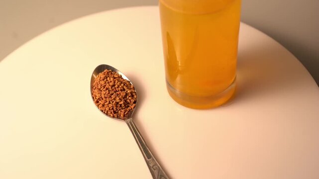 Fenugreek Seeds Soaked in Water (Methi Water) Natural Ayurvedic Drink, Herbal Wellness Beverage, Healthy Morning Detox, Traditional Remedy, and Organic Nutrition