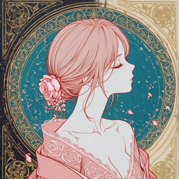 アールヌーヴォー調のピンク髪の美女