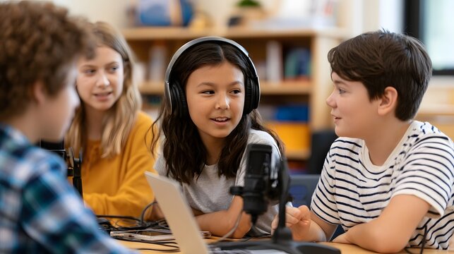 Four children collaborating on a podcast using microphones and headphones around a laptop computer