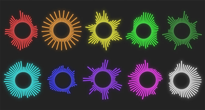 A simple icon set featuring colorful neon lights representing audio, sound, music, vibration, and more.