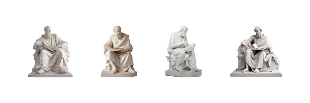 Seated Philosopher Statues Set. Classical Wisdom And Knowledge Collection Isolated On Transparent Background