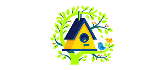 Charming birdhouse with birds on a tree branch