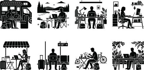 Obraz premium Digital Nomad Remote Work Silhouette Vector Illustration Set with People Working Outside Office Camper Van and Cafe