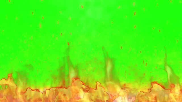 Fiery flames burning along bottom border isolated against bright green screen background for compositing with background floating sparks yellow flames flickering continuous line vibrant