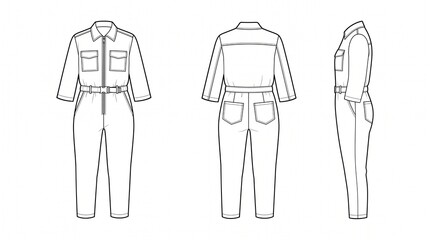 Naklejka premium Utility Jumpsuit Fashion Flat Technical Drawing - Front, Back, and Side View of a Boiler Suit for Tech Pack Design