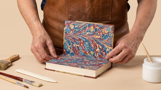 Bookbinder applying marbled endpaper to a book with traditional tools
