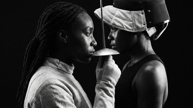 Two female fencers face off in a dramatic black and white portrait