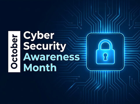 Cyber Security Awareness Month illustration featuring a digital padlock emblem surrounded by glowing neon circuit nodes.