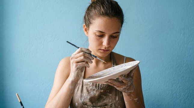 Young woman painting a ceramic plate with a brush in a studio