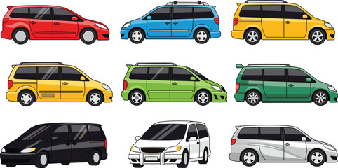 Naklejka premium Modern Family Minivan Car Vector Set with Various Colorful Passenger Vehicles for Transportation and Travel Design Projects