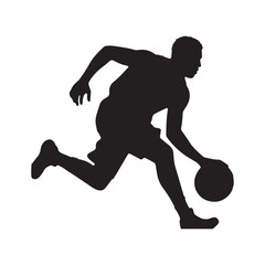 Obraz premium Black Silhouette Illustration Of Male Basketball Player Dribbling Ball On White Background.