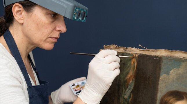 Art restorer meticulously works on an old painting with a brush and magnifying visor