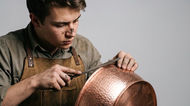 Young craftsman meticulously filing a hammered copper pot with a rasp tool