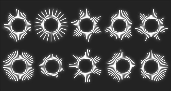 A set of simple neon light icons representing audio, sound, music, vibration, and more.