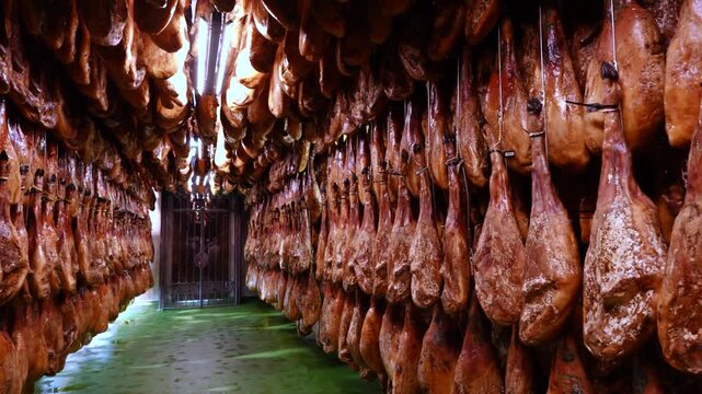 Iberian Pork Ham Drying Facility in the town of Jabugo in the Municipality of Jabugo in the Sierra de Aracena and Picos de Aroche Natural Park in Sierra Morena. Province of Huelva. Andalusia. Spain.