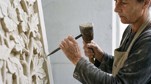 Sculptor meticulously carves intricate floral design into stone with hammer and chisel