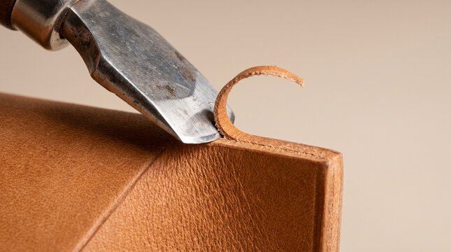 Leatherworker uses a skiving knife to thin the edge of a piece of tan leather