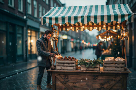 Cozy outdoor street market stall with warm string lights and wooden crates at dusk, solitary man browsing local produce in rainy city setting