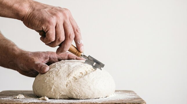 Baker scoring raw bread dough with a lame before baking