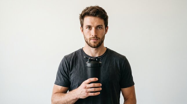 Man holding a black protein shaker bottle for fitness and health