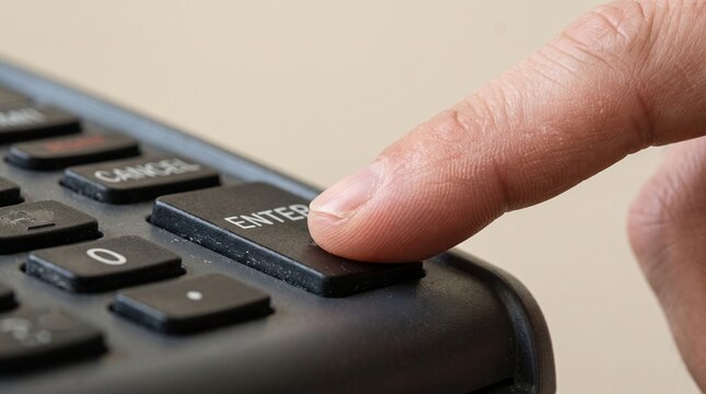 Finger pressing the enter button on a remote control or keypad