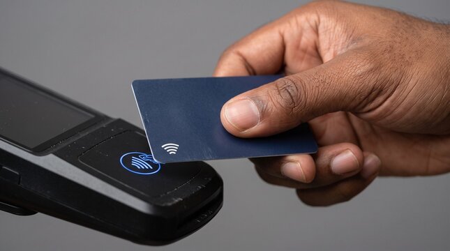 Person holding a credit card to a contactless payment terminal