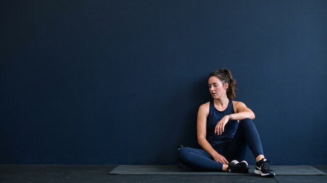 Woman resting after workout sitting on yoga mat against dark blue wall