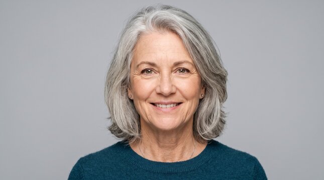 Smiling mature woman with gray hair and kind eyes wearing a teal sweater