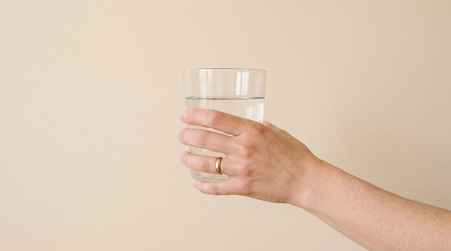 Person holding a glass of clear water with a gold ring on their finger
