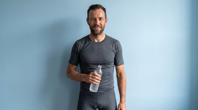 Fit man in athletic wear holding a water bottle after workout