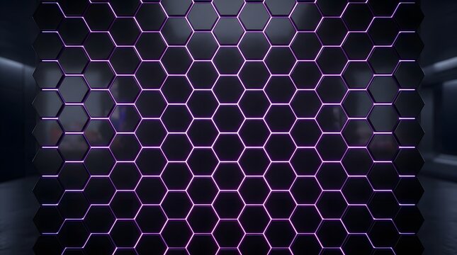 Abstract hexagonal pattern with glowing neon purple lines on a dark background futuristic technology design