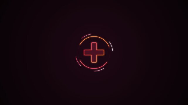 Vibrant red neon plus sign symbol on dark background