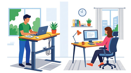 Obraz premium Diverse Colleagues Collaborating in Modern Home Offices with Standing and Seated Desks Natural Light and City Views