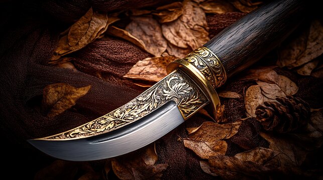 Intricately engraved hunting knife resting on dried leaves with fall aesthetic.