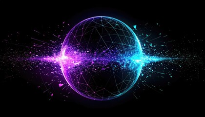 Naklejka premium Futuristic global network connection with an abstract data sphere explosion on a black background.