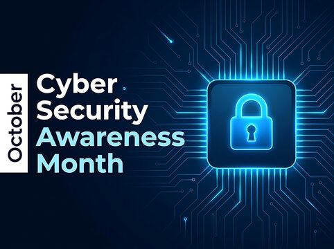Futuristic Cyber Security Awareness Month graphic displaying a neon padlock icon connected to blue circuit lines.