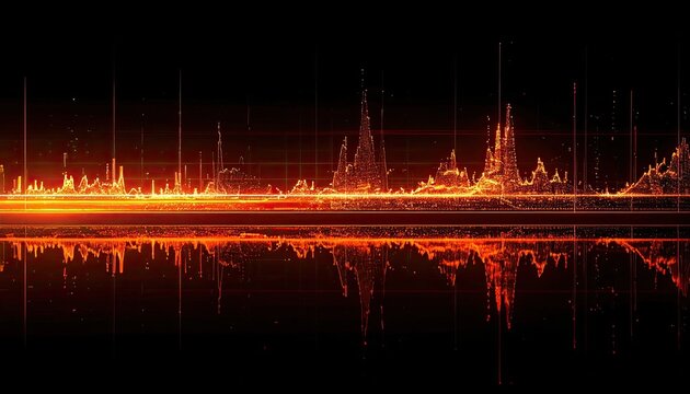 Futuristic orange data visualization background. Abstract technology sound wave graph with reflection.