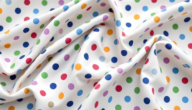 Fabric with a polka dot pattern in various colors. The fabric appears to be crumpled and folds over itself