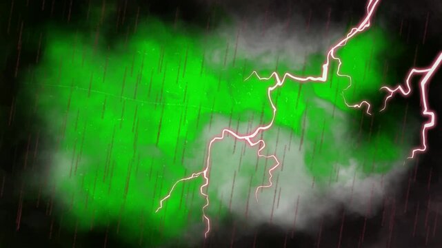 Green screen lightning storm with rain falling effect with video electric lightning bolts flashing through green clouds falling rain chroma key precipitation thunderstorm