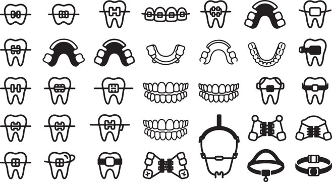 Dental braces and orthodontic appliance icons set featuring teeth alignment tools in a simple black line style