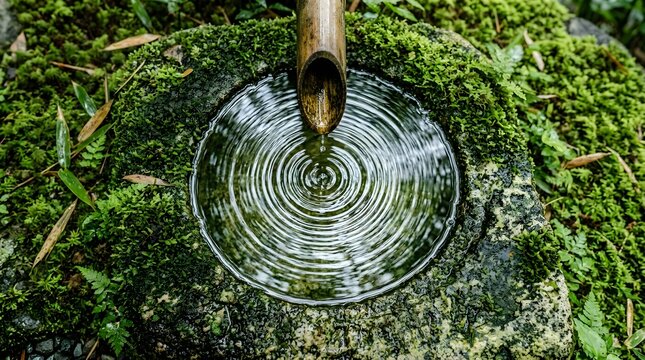 Bamboo fountain creates ripples in a stone basin filled with fresh water.