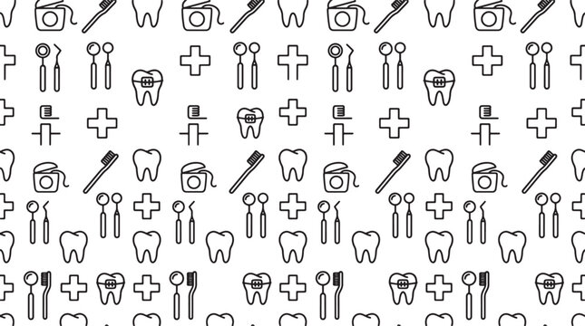 Dental care pattern with tooth icons toothbrush floss and medical tools in a simple line art style