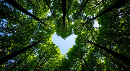 Fototapeta premium Heart-shaped opening in the canopy of lush green trees, symbolizing nature's love and the environment.