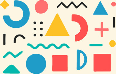 Obraz premium Abstract composition of colorful geometric shapes and playful graphic elements on a light background, featuring circles, squares, triangles, and wavy lines.