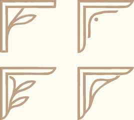 Set of four decorative corner bracket illustrations with various designs including leaves and curves, outlined in brown on a light background. © Liakum