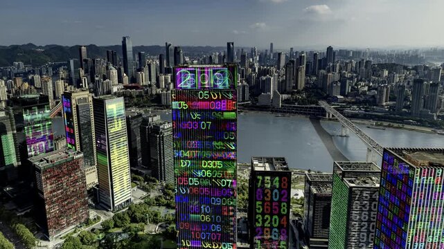 chongqing cyberpunk city with overlayed code and data on the buildings